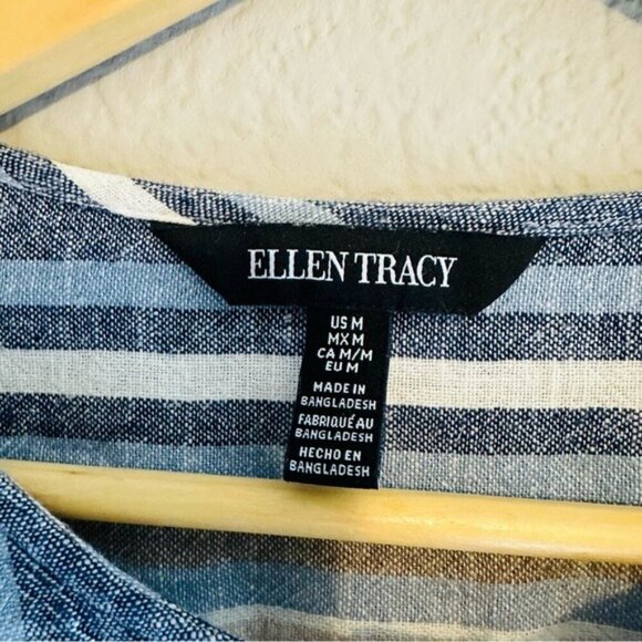 Ellen Tracy Womens Linen Blend Blue Striped 3/4 Sleeve Button Front Blouse Sz M - Picture 7 of 8